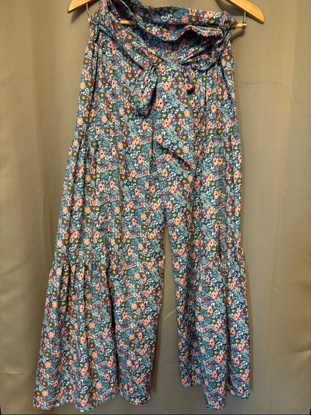 Blue Floral Wide-Leg Tie-Waist Pants